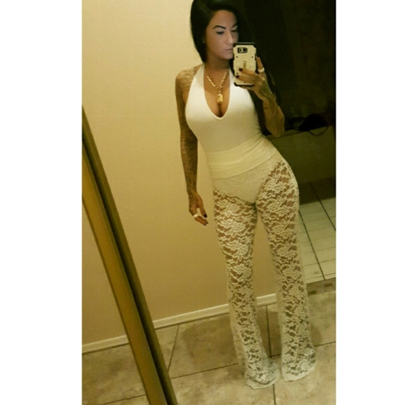 White Lace Detailed High Waisted Flare Pant - Picture 5 of 6